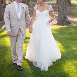 Reem Acra wedding dress, chiffon and beaded cap sleeves